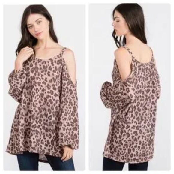 Leopard Print Cold Shoulder Top - Picture 1 of 6